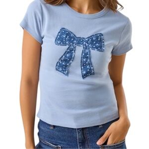 Altar’d State Light Blue Baby Tee with Navy Floral Bow Graphic, size M, NWT